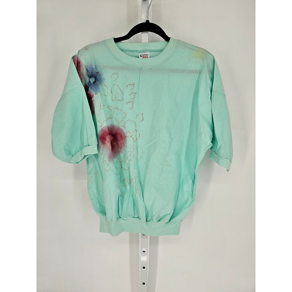 Quitman USA Teal Floral Printed Half-Sleeve Crewneck Oversized Sweatshirt Size L